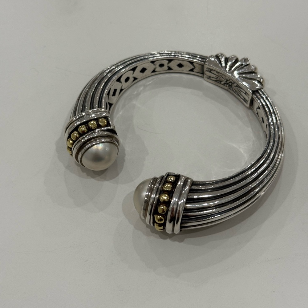 LAGOS Silver Tone Cuff Bracelet with Pearl End Caps and Gold Accents - Picture 6 of 6